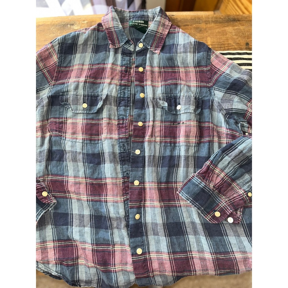 Lauren Ralph Lauren 100% Linen Plaid Button Down Shirt Blue Burgundy LRL Womens‎